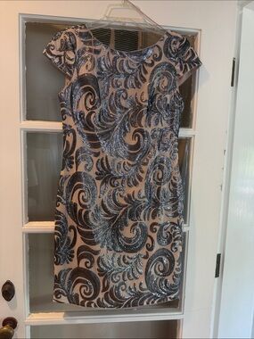 Adrianna Papell Nude Midi Dress with Black & Silver Sequin Swirls